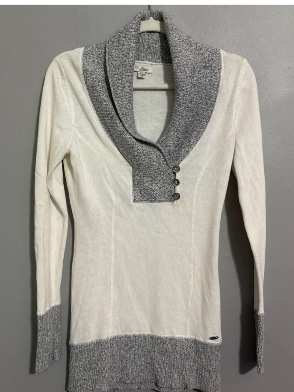 Women GUESS Y2K Marled Knit Tunic Sweater Shawl Neck Colorblock Cream Grey XS